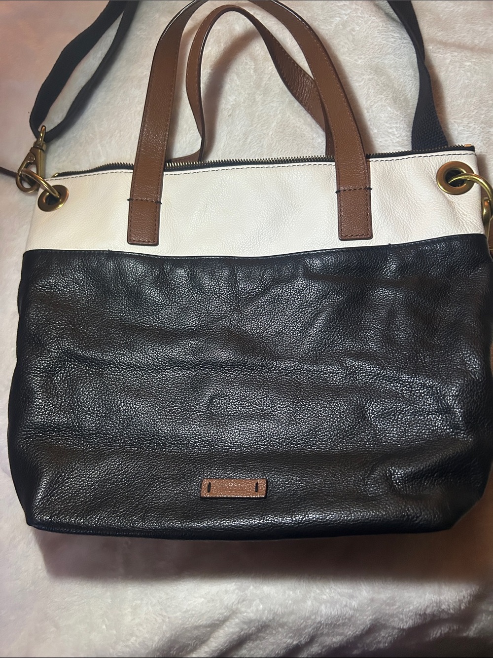 Fossil Tricolor Leather Tote in Black, White & Brown